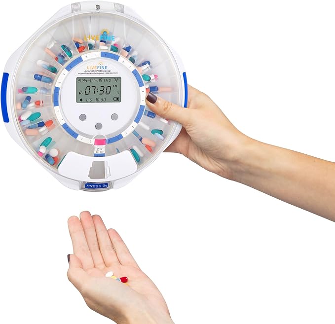 Live Fine Smart WiFi Automatic Pill Dispenser Clear Lid | 28-Day Medication Organizer Up to 9 Doses Per Day for Care Monitoring with Lock Key, Light/Sound Alarms for Prescriptions & Vitamins