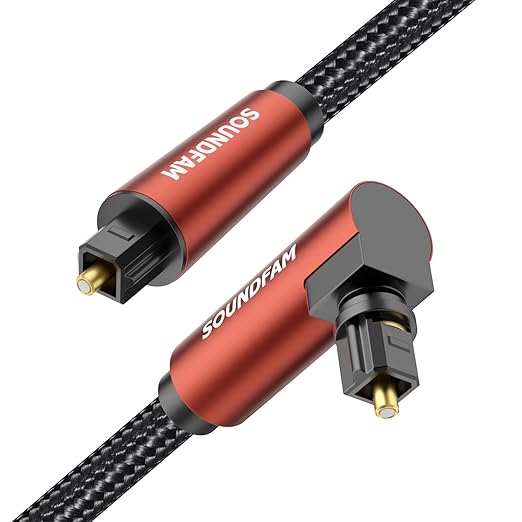 90-Degree Optical Audio Cable 6ft, 360° Swivel Right Angle Toslink Cable with Flexible Cotton Braid, Compatible with Soundbar, TV, PS5, Xbox, Home Theater for Lossless Audio
