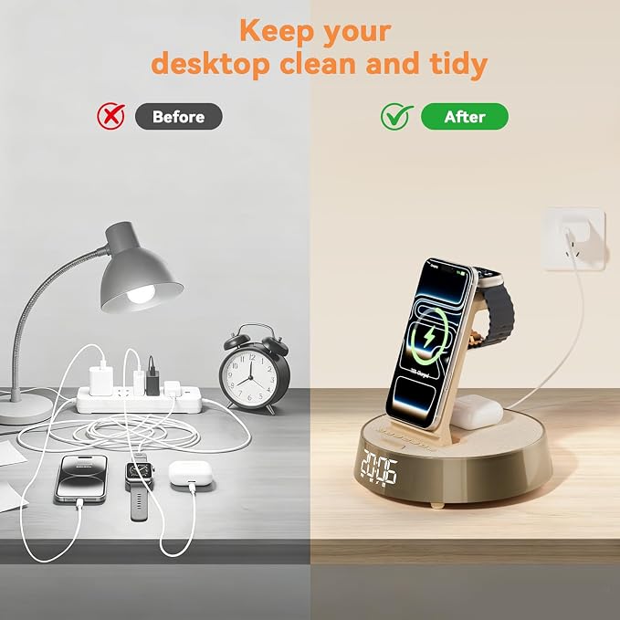 6 in 1 Wireless Charging Station with Alarm Clock, Bluetooth Speaker, FM Radio, Night Light for Bedroom Office, Wireless Charger Dock Station for iPhone 17 16 15 14 13 12 Pro Max,Apple Watch, AirPods