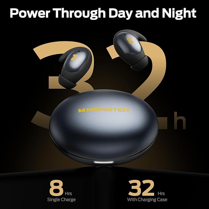 Monster Sleep Ear100 Ear Buds, Sleep Headphones with Stereo Sound, Design for Side Sleeper, 32H Playtime, Bluetooth 6.0, ENC Noise Cancelling, IPX6 Waterproof Mini Earbuds, Black