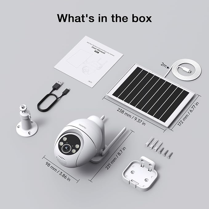 TKENPRO Solar Security Cameras Wireless Outdoor, 2.4GHz Wi-Fi, 24/7 Continuous Recording, Human Auto Tracking, Outdoor Camera Wireless with 2K Color Night Vision, 360° Panoramic View