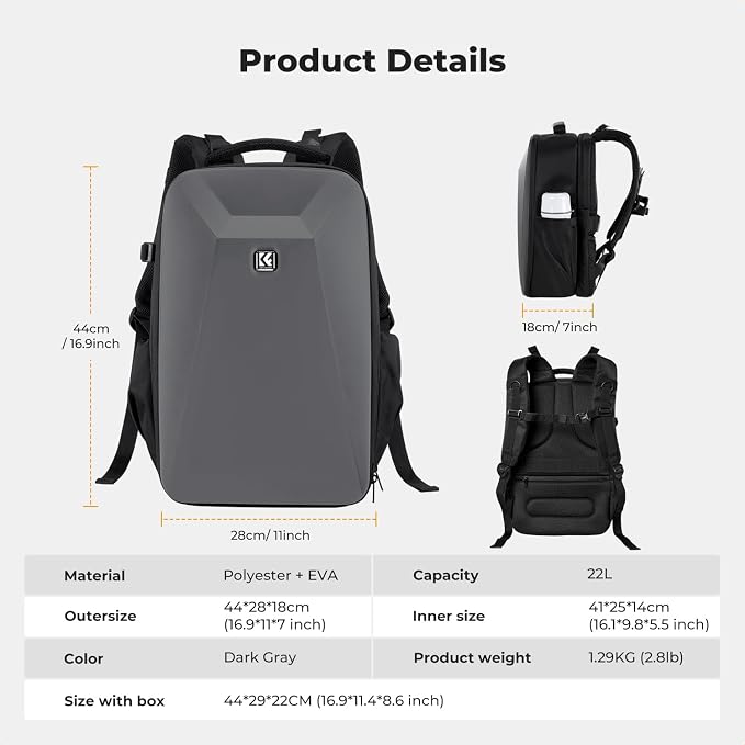 K&F CONCEPT Camera Backpack,Hardshell Photography DSLR Camera Bag with 15-15.6 Inch Laptop Compartment Waterproof Hard Shell Camera Case
