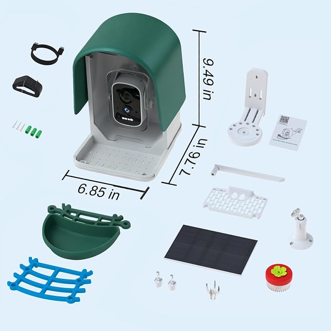 Smart Bird Feeder with Camera Solar Powered, Green | AI Bird Identification for 10000+ Species, 4K HD Live Video & Instant Alerts, 2.4GHz WiFi, IPX7 Waterproof