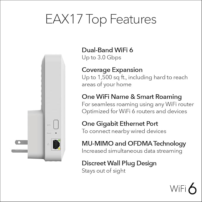 NETGEAR WiFi 6 Range Extender (EAX17) - AX3000 Dual-Band Wireless Signal Booster & Repeater (up to 3.0 Gbps Speed) - Add up to 1,500 sq. ft., 20 Devices (Renewed)