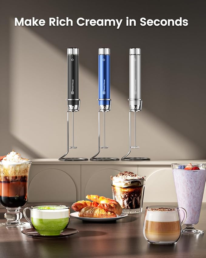 Maestri House Rechargeable Milk Frother with Stepless Speed Control, Handheld Electric Foam Maker Waterproof Drink Mixer Foamer with Stainless Steel Stand & Whisks