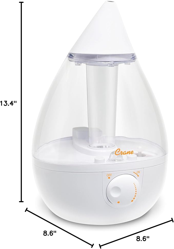 Crane Ultrasonic Cool Mist Humidifier for Bedroom, Baby Nursery, Kids Room, Plants, or Office, Large 1 Gallon Tank, Filter Optional, Clear and White