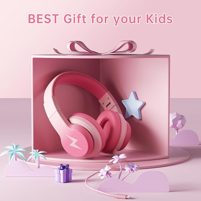 Candy Bila Wired USB C Kids Headphones, 85dB Safe Volume Limit, HD Stereo Sound, Adjustable Headband, Foldable Over-Ear Design for School, Travel, Boys, Girls, iPad, Tablet,Gradient Pink