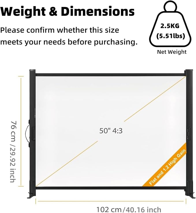 Portable Projector Screen with Stand, 50 Inch 4:3, Outdoor Projector Screen, Lightweight and Retractable, 1.2 High Gain Wrinkle-Free Video Projection Screens, for Home Cinema, Meeting Presentation.