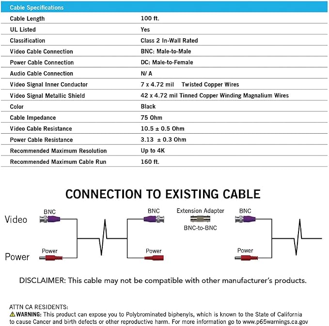 Night Owl 100 ft. in-Wall Rated Video/Power Camera Extension Cable with Extension Adapter
