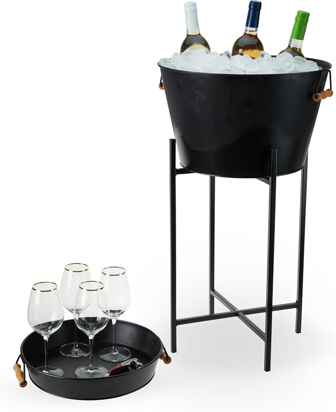 Twine Black Beverage Tub with Collapsible Stand, Large Metal Bucket and Tray, Ice Drink Buckets with Acacia Wood Handles for Parties, 3-Piece Set