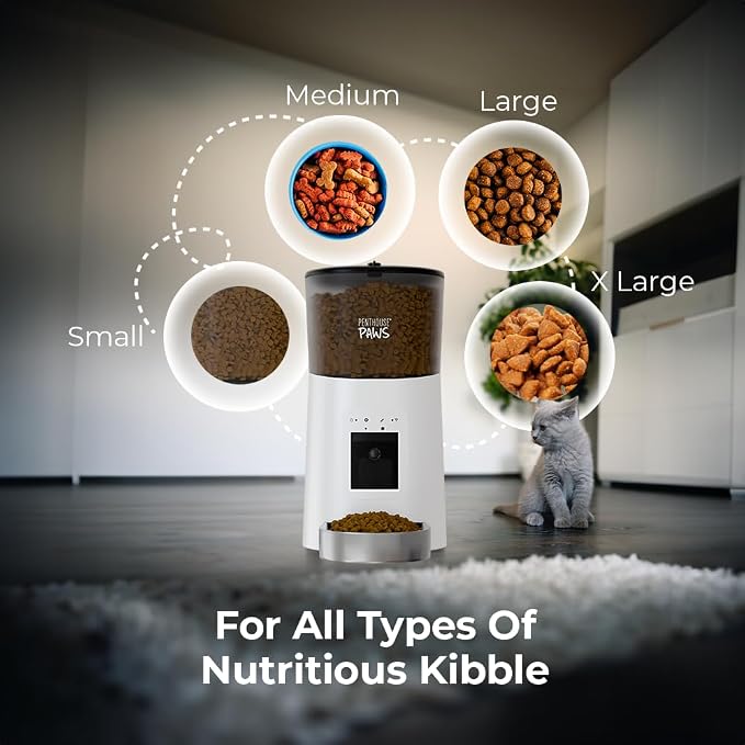 Penthouse Paws Smart HD Pet Feeder, 6L Dry Food Capacity, 1080p Camera, 2-Way Audio, Scheduled Meals, Backup Power, Easy to Clean, Anti-Jam Design for Cat & Dog, White/Stainless Steel