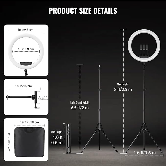 Large Ring Light with Stand, 19" Ring Light Tripod for iPhone, Professional Led Ringlight for Live Streaming, Barber, Makeup, YouTube, Tiktok, White
