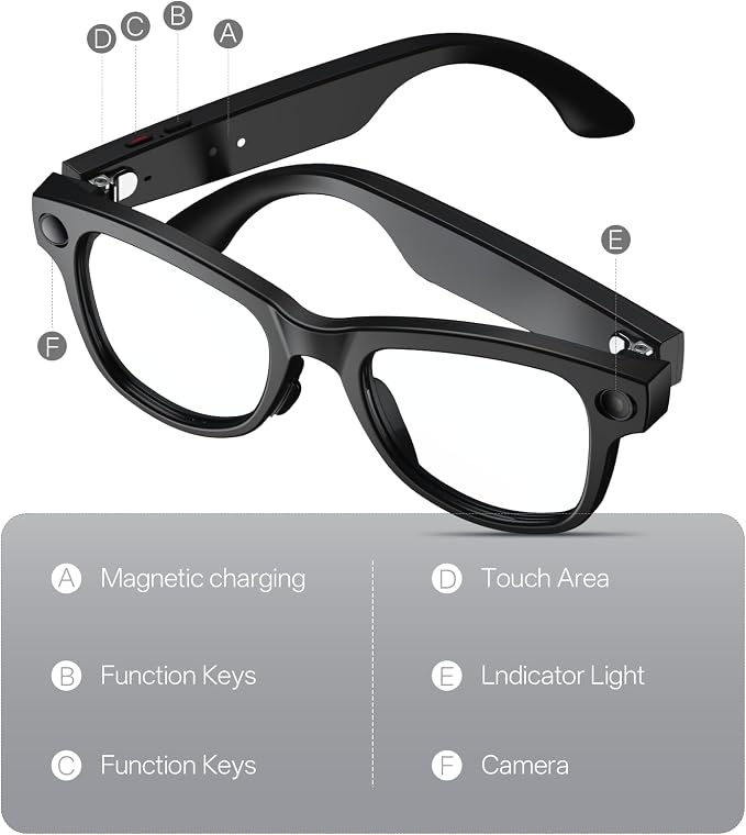 AI Smart Glasses - 8MP Camera with 1200P POV Video Recording - Real-Time Translation Wearable Assistant for Travel and Meetings - Anti-Blue Light Lenses, Black Frame