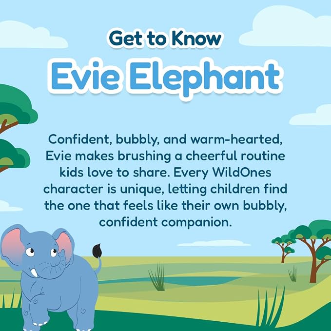 brush-baby WildOnes Kids Electric Rechargeable Toothbrush Elephant, 1 Handle, 3 Brush Heads, USB Charging Cable, for Ages 0-10 (Elephant)