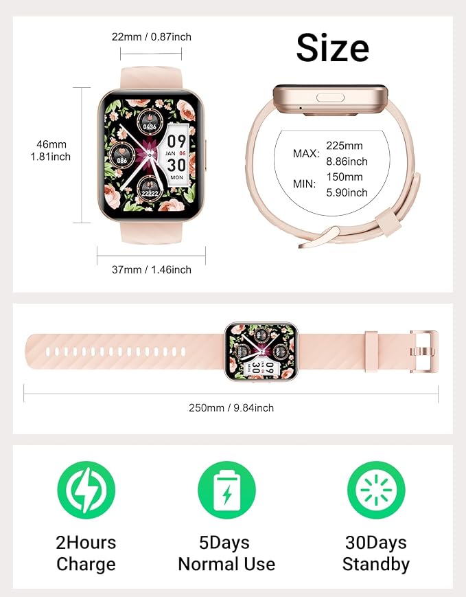 Smart Watch (Answer/Make Calls), 1.85" Smart Watches for Women Men Digital Watch Fitness Tracker with 100+ Sport Modes Heart Rate Monitor for iOS Android Phones Waterproof (Light Pink)