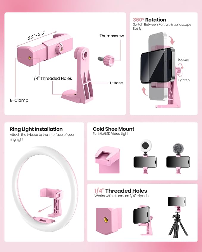 UBeesize 12'' LED Ring Light with 62'' Tripod Stand, Selfie Ring Light for Video Recording, Live Streaming, TikTok & YouTube, Compatible with iPhone & Android (Pink)