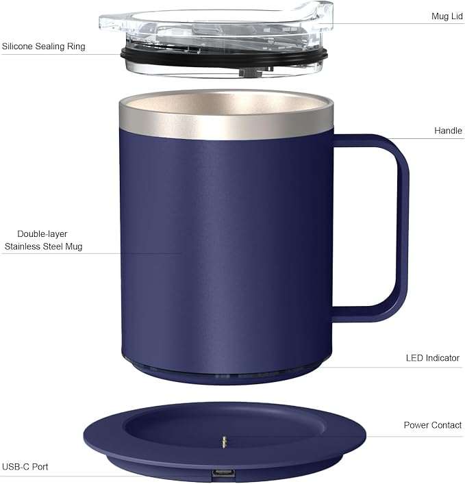 Self Heating Coffee Mug, USB Heated Coffee Mug Warmer Set with Lid, 131°F Keep Warm Cup for Home Office, (Royal Blue-12oz)