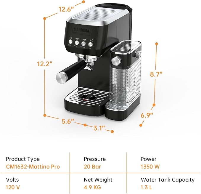 MAttinata Cappuccino Machine 20 Bar, Professional Espresso Machines for Home and Office with Automatic Milk Frothering System, Barista Compact Latte Maker for Coffee Lovers, Stainless Steel-Black