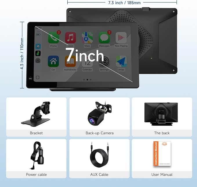 Haudio Portable Wireless Carplay Car Stereo, 7" HD Touchscreen for Car with CarPlay & Android Auto with Backup Camera, GPS, Bluetooth, Voice Control, Mirror Link, FM, AUX, Universal Fit