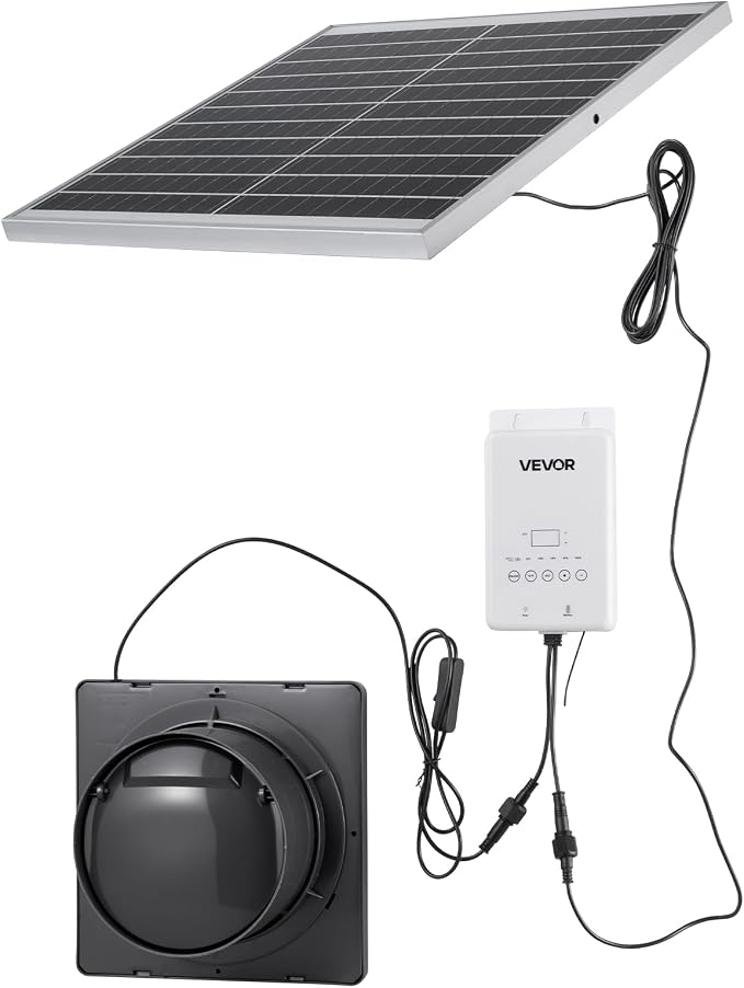 VEVOR Solar Powered Fan, 20W Solar Panel with Battery Storage, 220 CFM Airflow, Adjustable Panel Angle, 2030 RPM High-Speed, Fast Air Exchange for Greenhouse, Grow Tents, Chicken Coops, Shelters