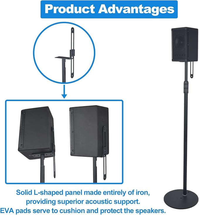 Speaker Stands,All Metal Speaker Stands Pair for Satellite & Small Bookshelf Speakers,Adjustable Height from 33" to 48",Holds up to 8.8 lbs,Easy DIY Assembly,HD-718,2 Packs,Black