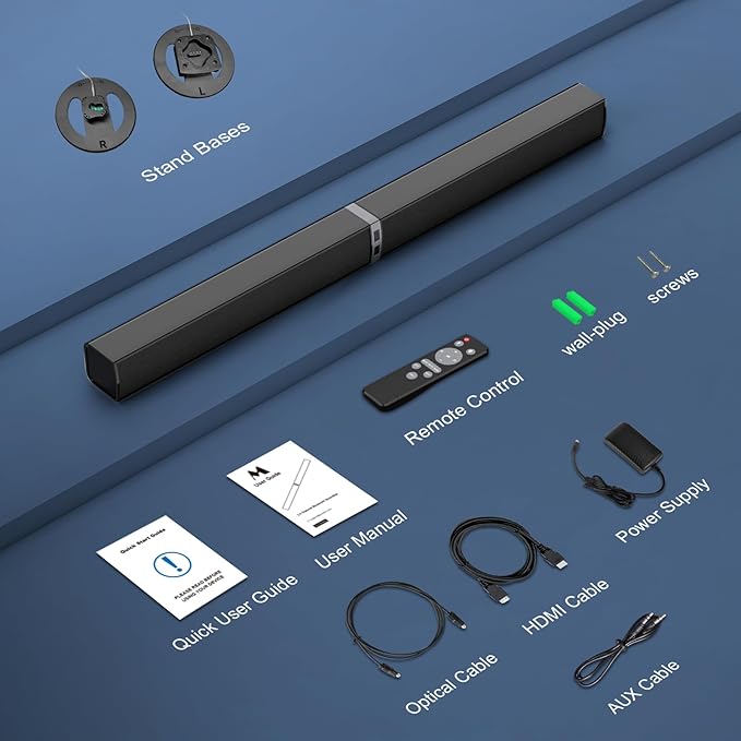MZEIBO Sound Bar for Smart TV,80W Detachable Bluetooth Soundbar with Powerful Bass, 2-in-1 Home Theater Audio System, ARC/Optical/AUX Connectivity for TV/PC/Laptop/Game Console