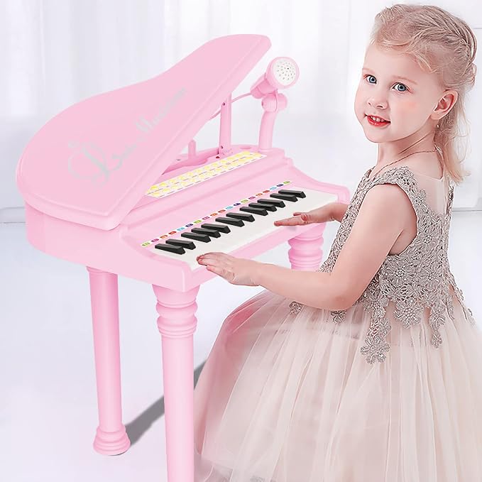 Losbenco Kids Piano Keyboard Toy, Toddler Electronic Musical Instrument Educational Toy with Microphone, Multiple Sounds, Record Playback, Lights & Stool, Birthday Gift for 3 4 5 6 7 Years Old Girls