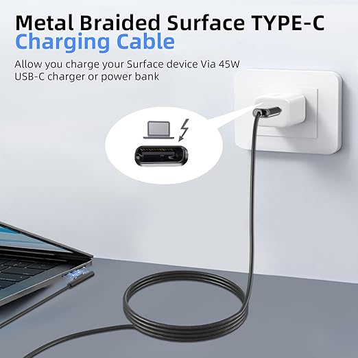P45W 15V 3A Compatible with Microsoft Surface Pro 3/5/6/7Go3/2/1 Laptop 4/3/2/1 Type-C to Surface Nylon Braided Cable Power Supply USB-C Charger Cable - 2-Pack Black 6.6ft