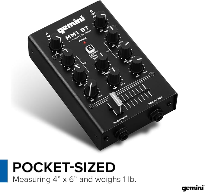 Gemini Portable Bluetooth DJ Mixer – 2-Channel Mini Audio Mixer with Wireless Input, RCA, Mic & Headphone Jacks, EQ & Crossfader – Compact DJ Mixer Board for Beginners & Mobile DJs (MM1BT)