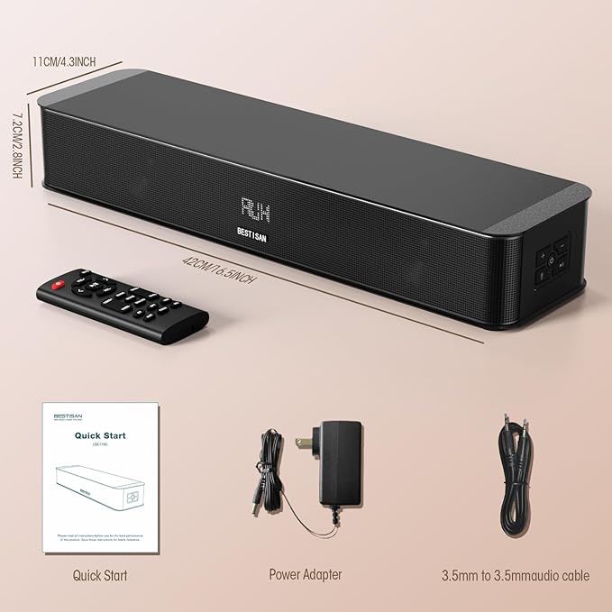 BESTISAN 2.1ch Sound Bar with Built-in Subwoofer, 100W Peak Power, HDMI ARC/Opt/AUX/USB/Bluetooth 5.3, 3 EQ Modes & Volume Boost, 16.5" All-in-One for TV/PC/Gaming/Projector