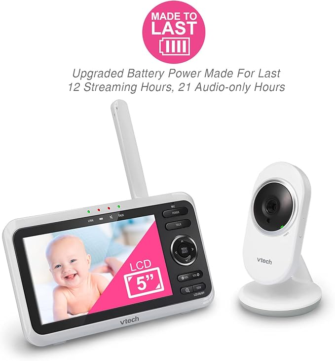 VTech Baby Monitor, No WiFi– 5" Color Screen, 12-Hour Battery, Night Vision, Temperature Sensor, 2-Way Talk, Lullabies, 1000ft Range | VM350