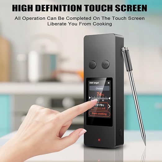 Bluetooth Wireless Meat Thermometer, No App Needed, 800FT Range, Dual Ultra-Thin Probes, IP67 Waterproof, HD Touch Screen - Perfect for BBQ, Grill, Oven, Smoker & Kitchen Cooking