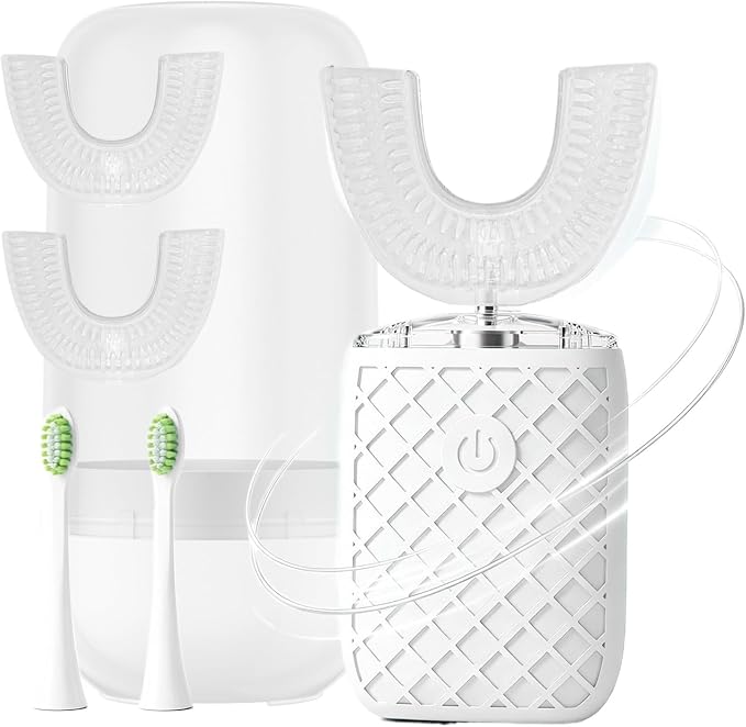 Sonic Electric U Shaped Toothbrush for Adults, Automatic Full Mouth Cleaning Toothbrush, 360° Stain Removal, IPX7 Waterproof Rechargeable, 3 U-Shape & 2 Straight Brush Heads (White-Cup)