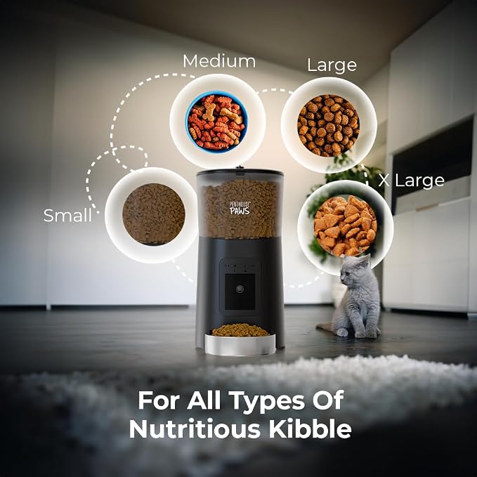 Penthouse Paws Smart HD Pet Feeder, 6L Dry Food Capacity, 1080p Camera, 2-Way Audio, Scheduled Meals, Backup Power, Easy to Clean, Anti-Jam Design for Cat & Dog, Black/Stainless Steel