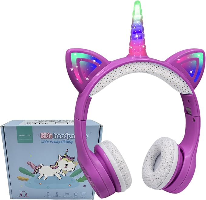 Unicorn Headphones for Girls,Bluetooth Unicorn Headphones Toddler School Laptop Cellphones Plane use, Light Up Wireless Kid Headphone Birthday Gifts (Dark Purple)