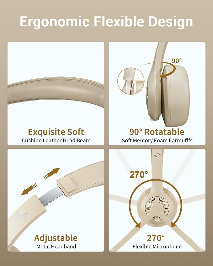JIAMQISHI Wireless Headset with AI Noise Cancelling Microphone Bluetooth Headset - Bluetooth V5.2 Headphones with USB Dongle & Mic Mute for Computer/Laptop/PC/iPhone/Android/Cell Phones/Zoom-Apricot