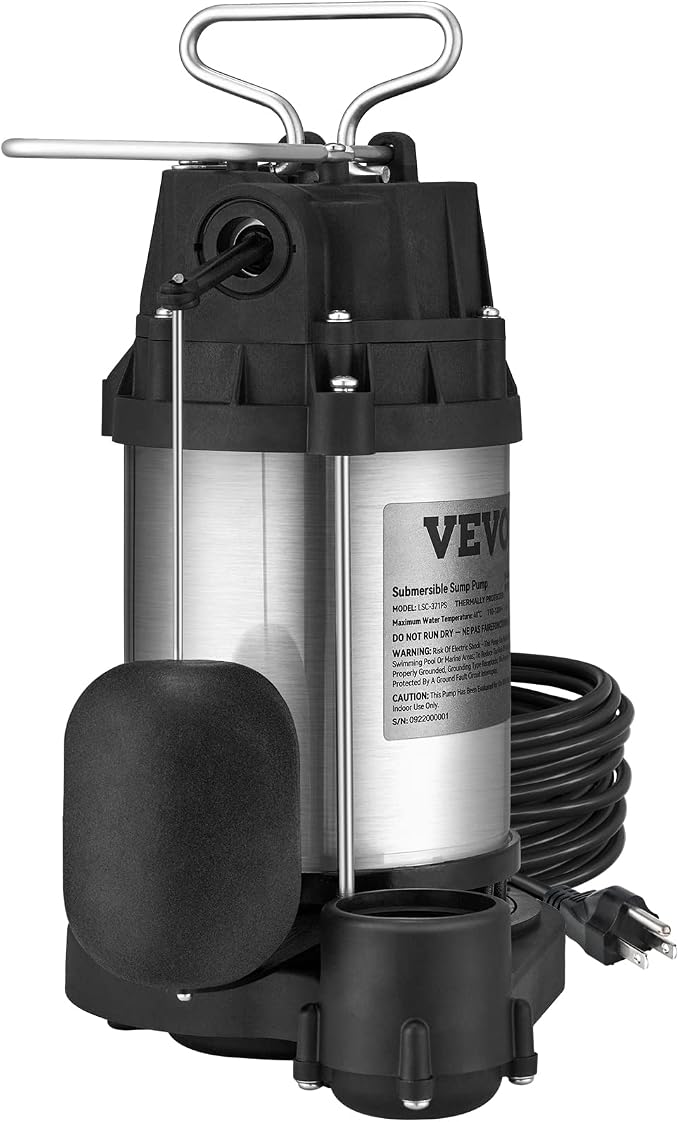 VEVOR 1/2 HP Sump Pump Submersible, Sump Pump with Stainless Steel Surface, 10 ft Power Cord, 1-1/2" NPT Discharge, Automatic Float Switch, for Indoor&Outdoor Water Drain