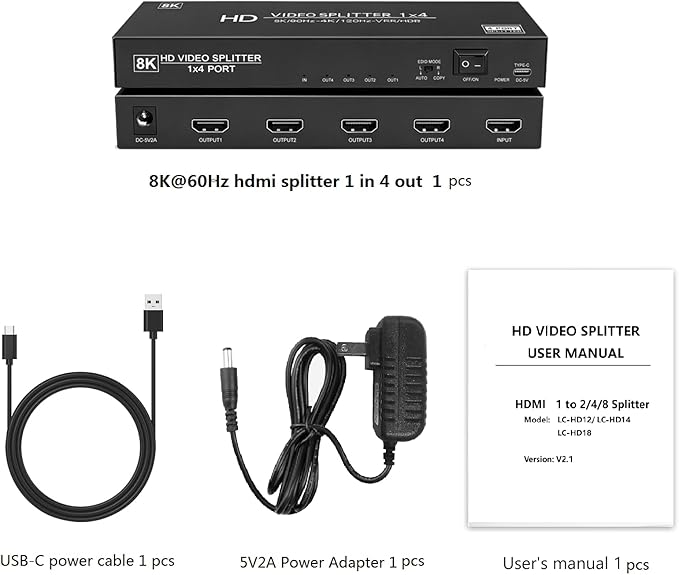 8K HDMI Splitter 1 in 4 Out,4k@120Hz 1X4 hdmi 2.1 Splitter Support 8k@60Hz,4:4:4,48 Gbps,EDID,Auto Down Scaler,8K & 4K or 1080P Sync HDCP 2.3, VRR, HDR10+ for PS5,Laptop,HDTV,Projector
