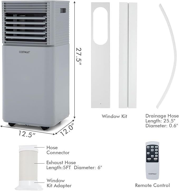 COSTWAY Portable Air Conditioners, 8000 BTU Portable AC Unit with Remote Control, Cooling for Room Spaces up to 230 sq.ft, with Sleep Mode, 24H Timer, Dehumidifier, Fan (8000 BTU, Grey)