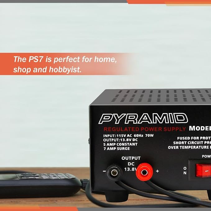 Pyramid Universal Compact Bench Power Supply - 5 Amp Linear Regulated Home Lab Benchtop AC-to-DC 12V Converter w/ 13.8 Volt DC 115V AC 70 Watt Power Input, Screw Type Terminals, Cooling Fan - PS7KX