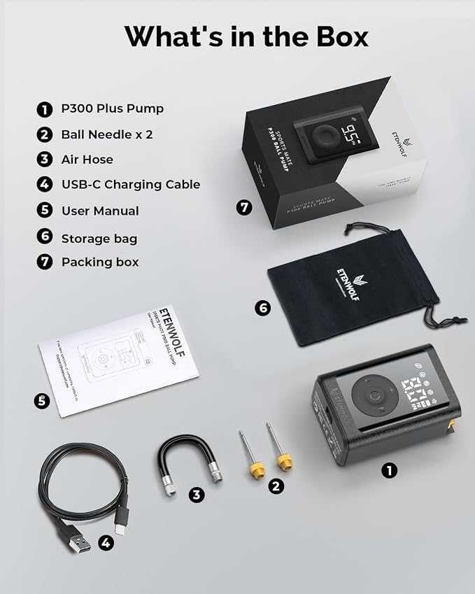 ETENWOLF P300 Plus Ball Pump, Electric Basketball Pump Inflation and Deflation, with 3200 mAh Rechargeable Battery, Air Pump for All Sports Balls