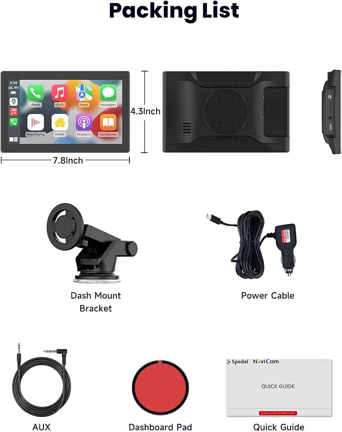 CarPlay Screen with Android Auto, CL798 7'' Portable Touchscreen with Portrait & Landscape Modes, Magnetic Bracket, GPS Navigation, Mirror Link, Bluetooth, Voice Control, OTA Update