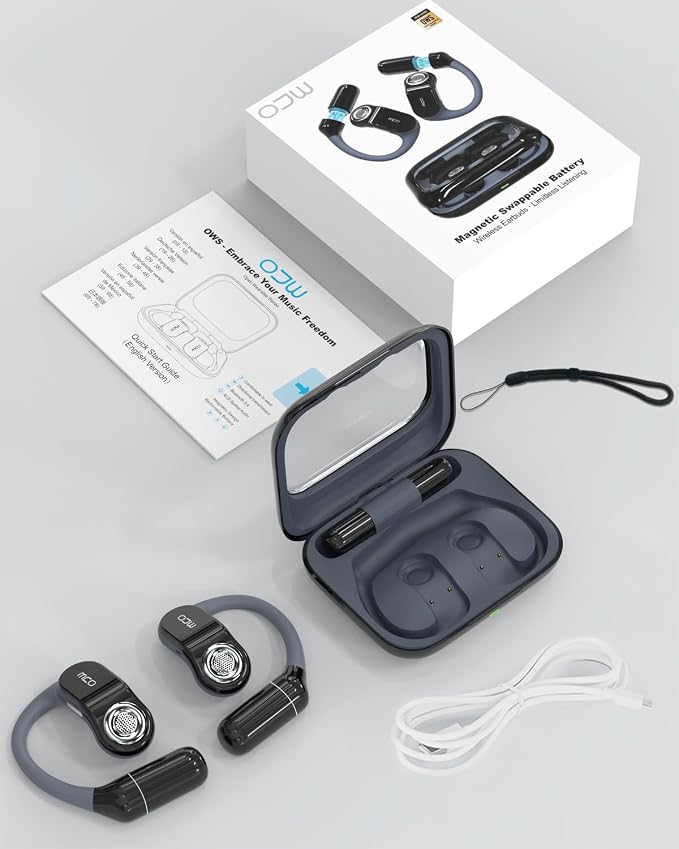 OJW Open Ear Headphones Bluetooth 5.4, Wireless Earbuds with Replaceable Battery & 96H Playtime, IPX7 Waterproof Sports Earphones with ENC Mic for Running Cycling Workout Office Travel