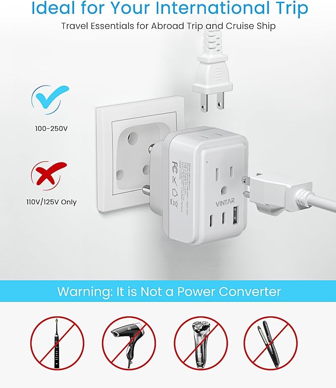 VINTAR Foldable Type M Adapter for South Africa - 2 Pack with AC Outlets & 3 USB Ports, Travel Essentials for US, Namibia, Nepal, Malaysia