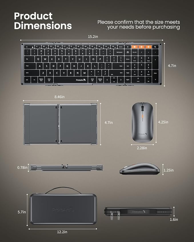 ProtoArc Backlit Foldable Keyboard and Mouse, XKM01 Pro Full-Size Portable Office Suite for Business Travel & Night Typing, Consistent Workspace Anywhere, 3-Device Connectivity for Hybrid Pros - Gray
