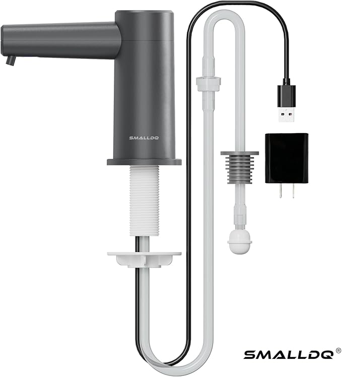 Automatic Sensor-Activated Built-in Foam Soap Dispenser for Kitchen Sinks, Plug-in Power Supply, Includes a 38-inch Silicone Extension Tube. Designed for Kitchens and Bathrooms (Dark Gray)