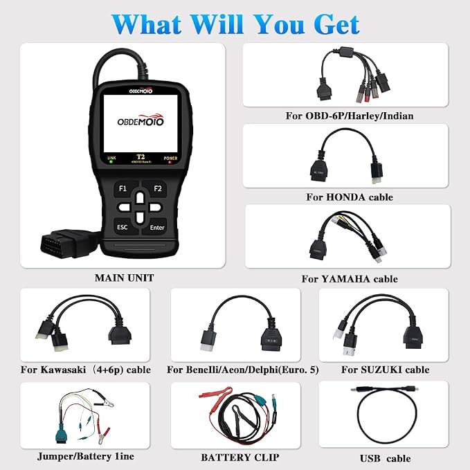 T2 Motorcycle Scanner, OBD2 Motorcycle Scan Tool, Euro 5 3.5'' LCD Motorbike Diagnostic Tool, Code Reader with ECU Scan, Service Reset for Harley Indian Honda Yamaha Kawasaki Suzuki
