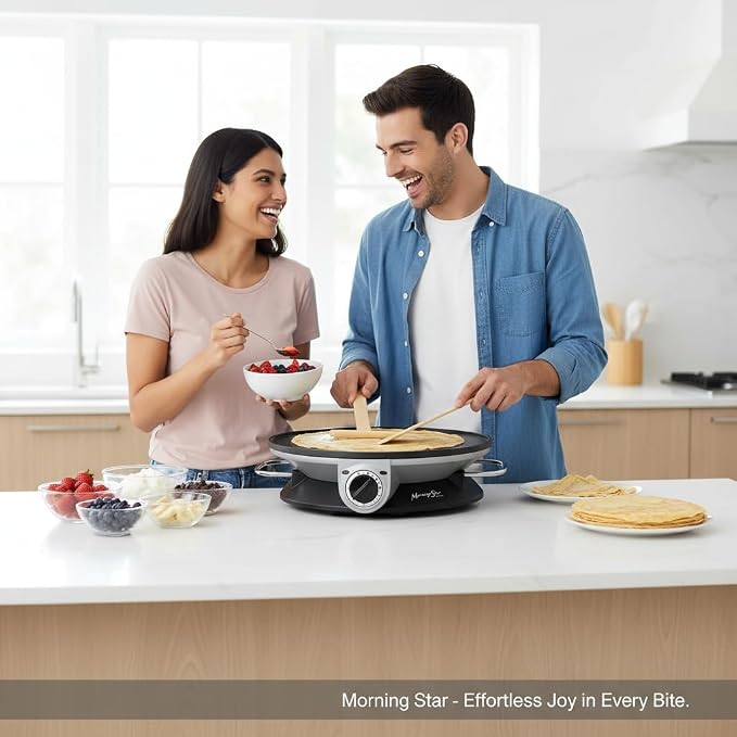 Morning Star 13" Electric Crepe Maker, Nonstick Pancake Griddle, Adjustable Temperature Control with LED Indicator Lights, Includes Spatula & Batter Spreader, Quick Cleanup, Stainless Steel