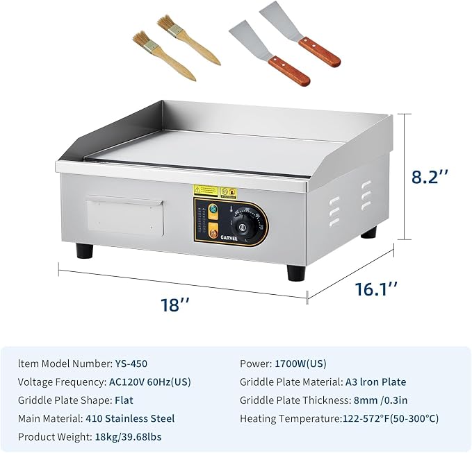Garvee 18in Commercial Electric Flat Top Griddle Non-Stick for Breakfast Bars, Countertop Flat Top Grill with 2 Shovels and 2 Brushes for Roadside Stands, 122℉-572 ℉ Adjustable Temp