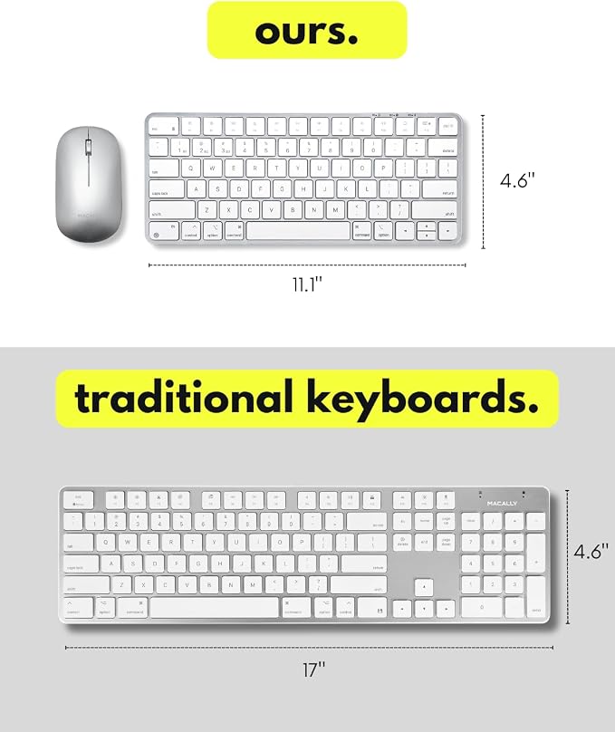 Macally Apple Wireless Keyboard and Mouse for Mac - Dual Mode (Bluetooth + Wired) - Multi-Device, Rechargeable - Mini Wireless Keyboard and Mouse Combo for MacBook, iPad, Mac mini/Air/Pro (Silver)